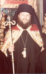 Geronda Ephraim on the abbot's throne at Xeropotamou Monastery in his archimandrite vestments.